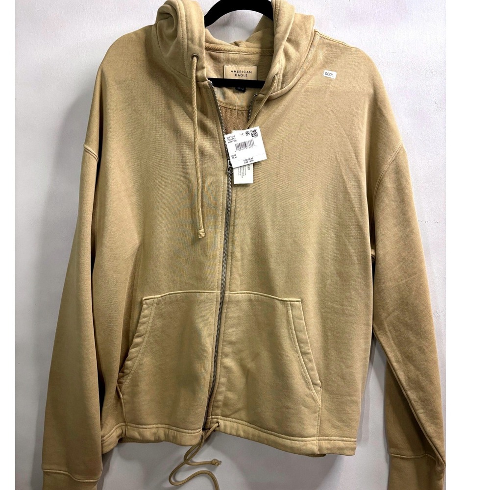 American Eagle Mens Relaxed Fit Full Zip Hoodie Tan Khaki Sweatshirt NWT Medium